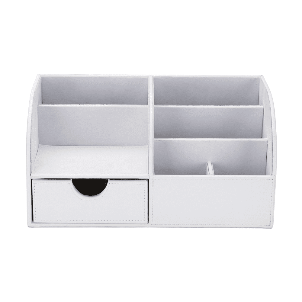 KINGFOM Desktop Drawers, PU Leather Pen Holder Desktop Organizer Storage Box for Pen/Mobile Phone/Remote Control, White