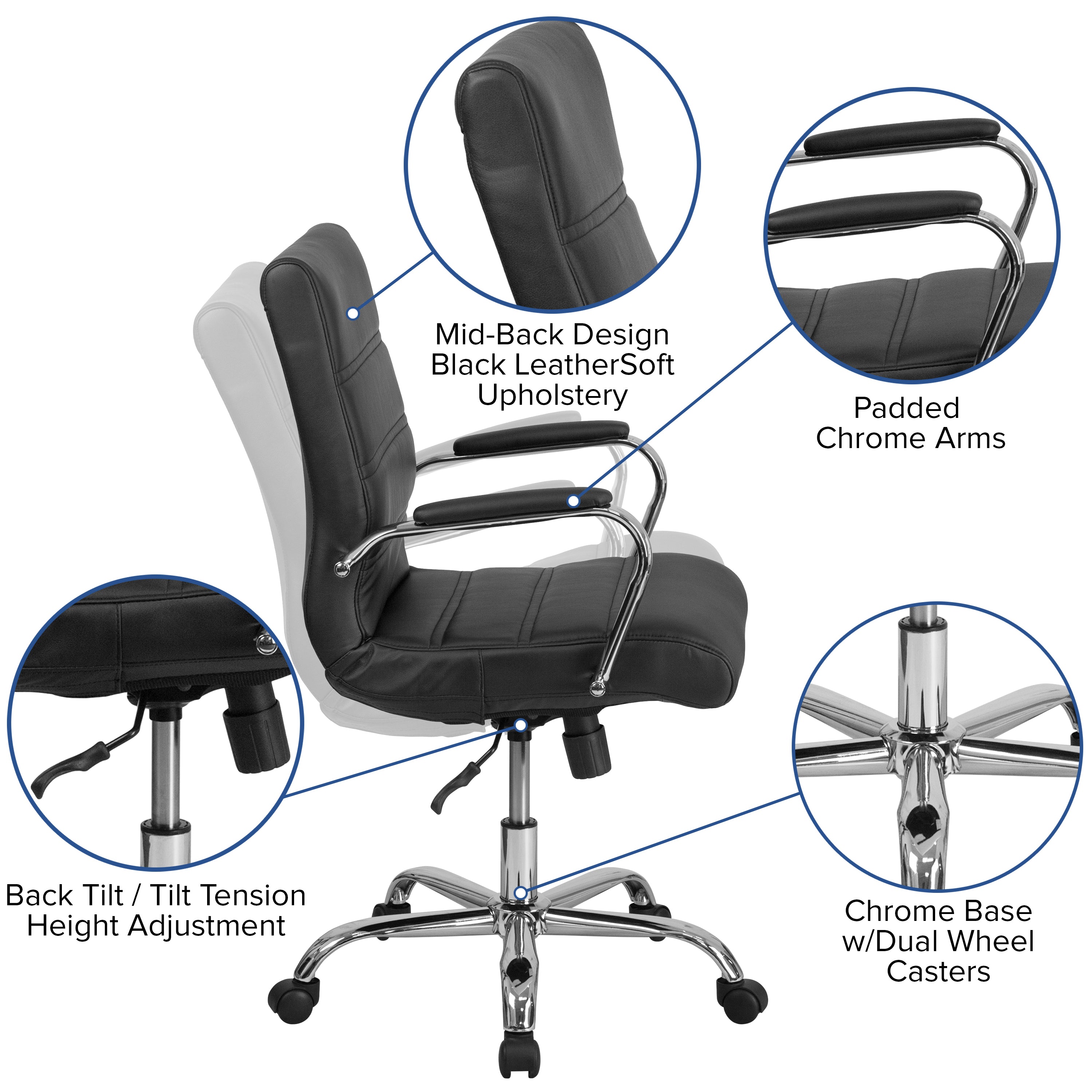 Flash Furniture Mid-Back Black LeatherSoft Executive Swivel Office Chair with Chrome Frame and Arms