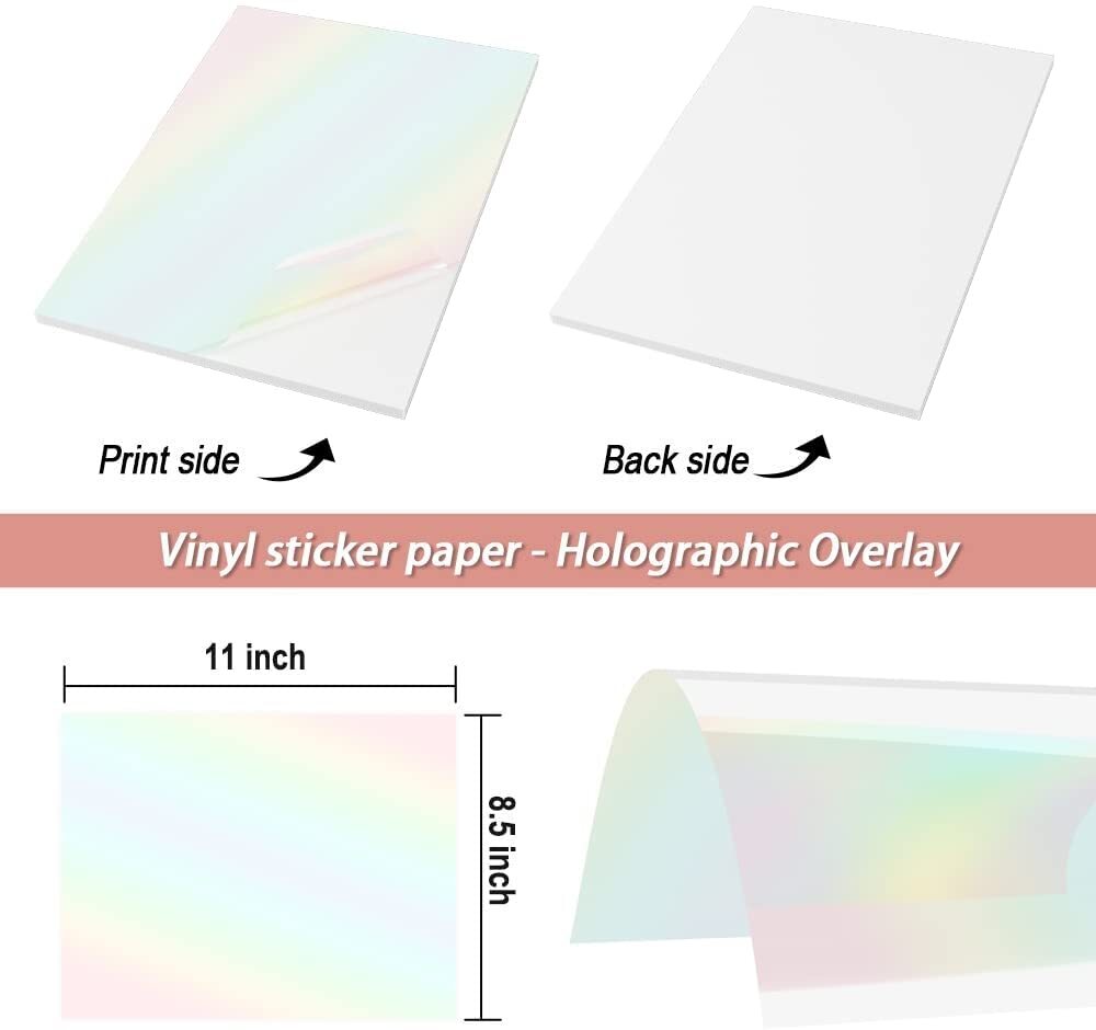 Printable Vinyl Holographic Transparent Sticker Paper for Inkjet Printer 50 Sheets 8.5X11 in Waterproof Decal Paper Stampcolour