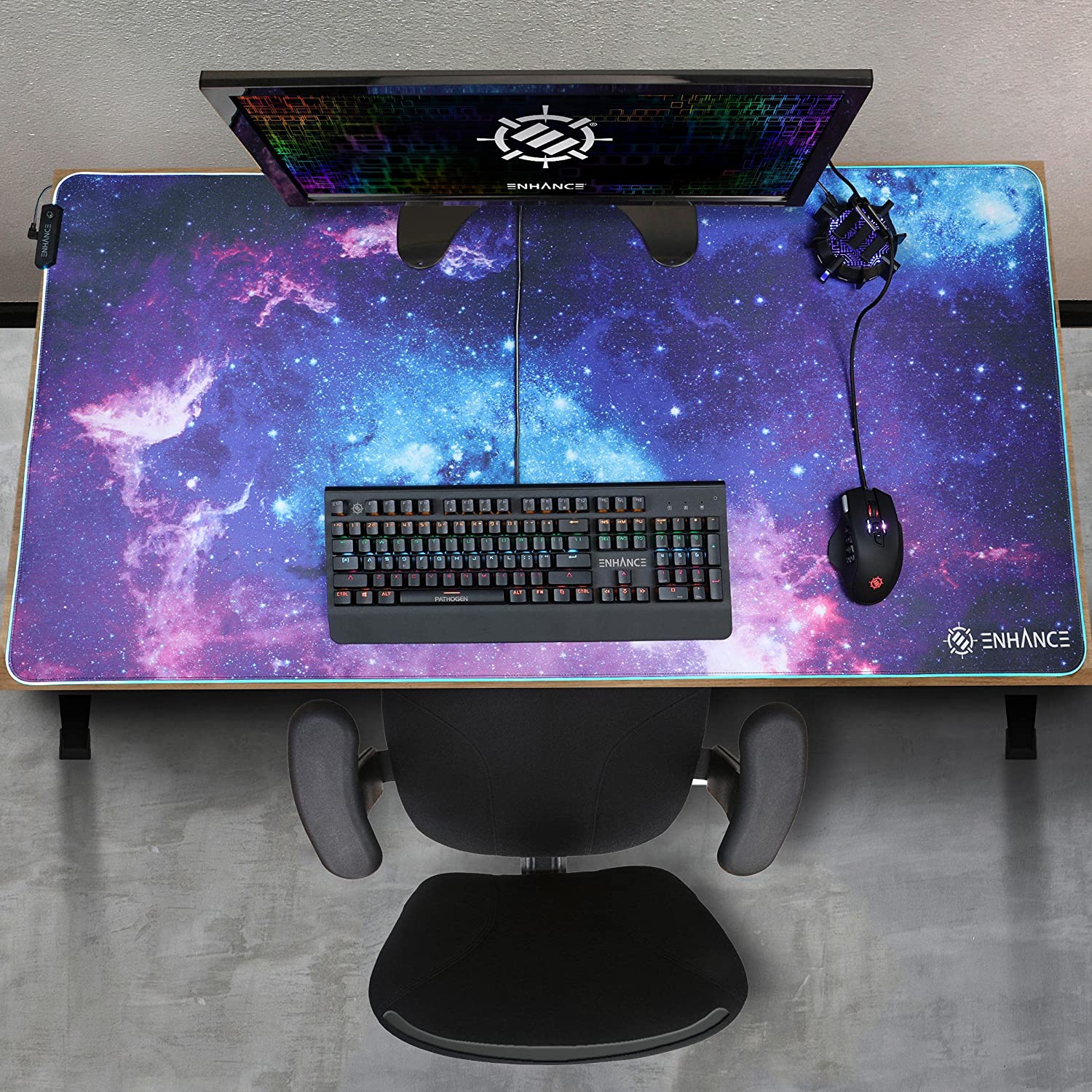 ENHANCE XXXL LED Computer Desk Mat - Illuminated 3XL Large Mouse Mat (48x24 Mouse Pad) Gaming Mouse Pad, Extended Table Desk Pad with Smooth Tracking Surface, and Non-Slip Rubber Grip - Galaxy