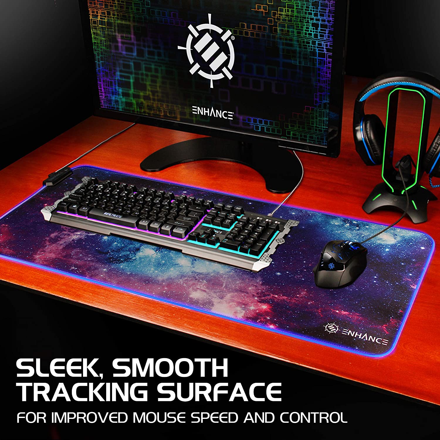 ENHANCE XXXL LED Computer Desk Mat - Illuminated 3XL Large Mouse Mat (48x24 Mouse Pad) Gaming Mouse Pad, Extended Table Desk Pad with Smooth Tracking Surface, and Non-Slip Rubber Grip - Galaxy