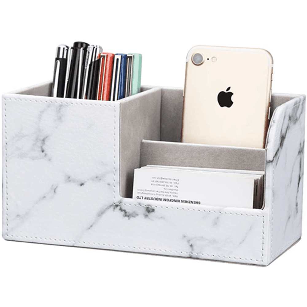 KINGFOM Pen Holder, PU Leather Desk Organizer Home School Office Stationery Storage Box , White Marble