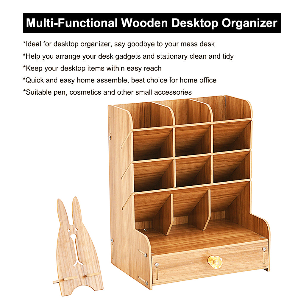 Wooden Desk Organizer, Multi-Functional DIY Pen Holder, Pen Organizer for desk, Desktop Stationary,  Home Office Art Supplies Organizer Storage with Drawer