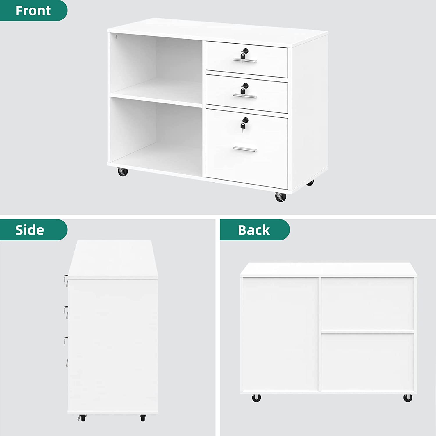 YITAHOME 3 Drawer Wood Lateral Filing Cabinet with Locks, Printer Stand Storage with Shelves for Home Office