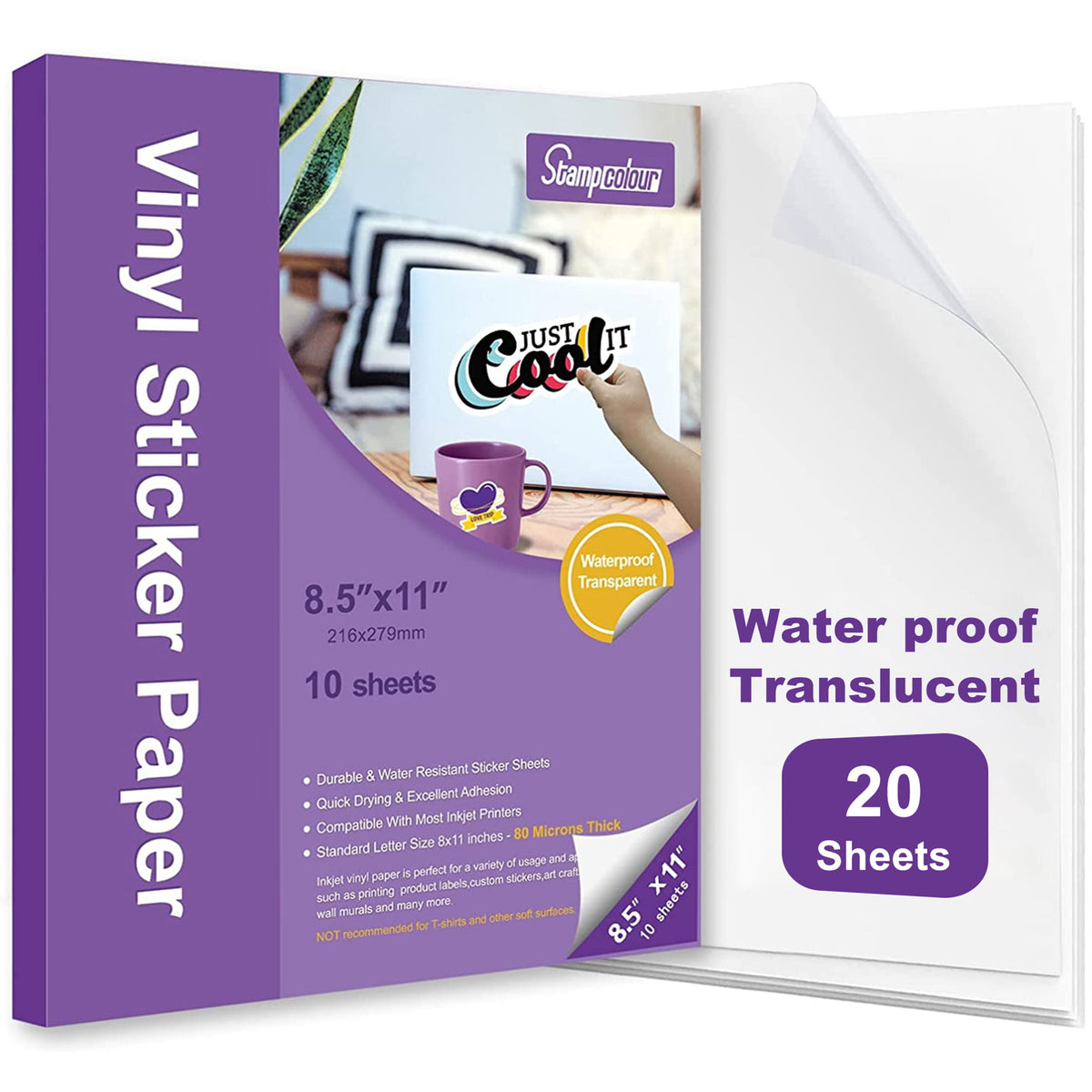 Stampcolour Printable Clear Sticker Paper 20 Sheets Transparent Clear Waterproof Decal Paper for Inkjet & Laser Printer