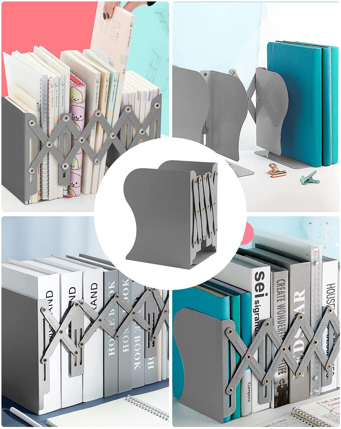 Expandable Metal Bookends, MSDADA Adjustable Book Ends Heavy Duty Book Holder Desktop Book Stand Non-Skid Desk Organizer