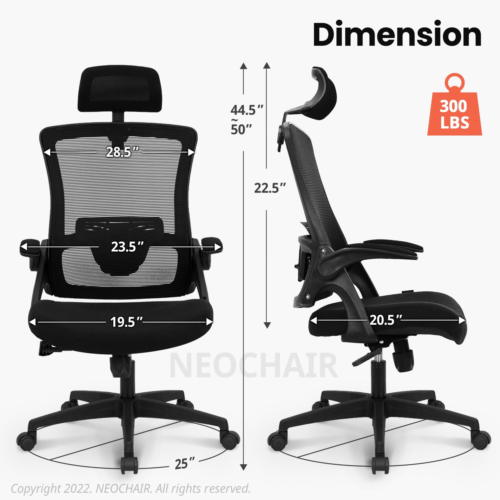 Neo Chair Ergonomic High Back Office Chair with Flip-up Arms Adjustable Headrest, Black