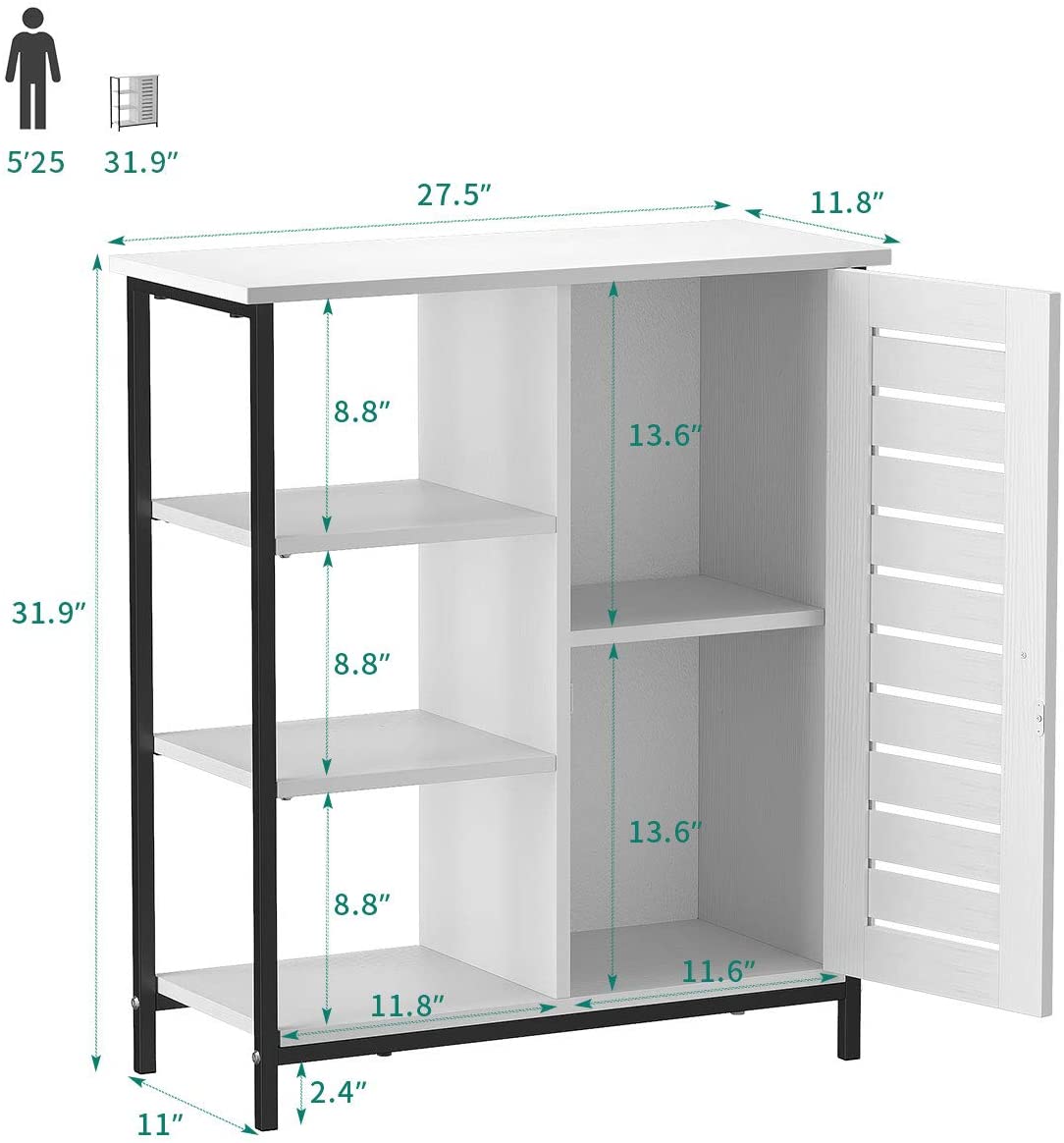 DWVO Free Standing Cabinet Wooden Display Bookcase with Door Storage Organizer 3 Shelves White