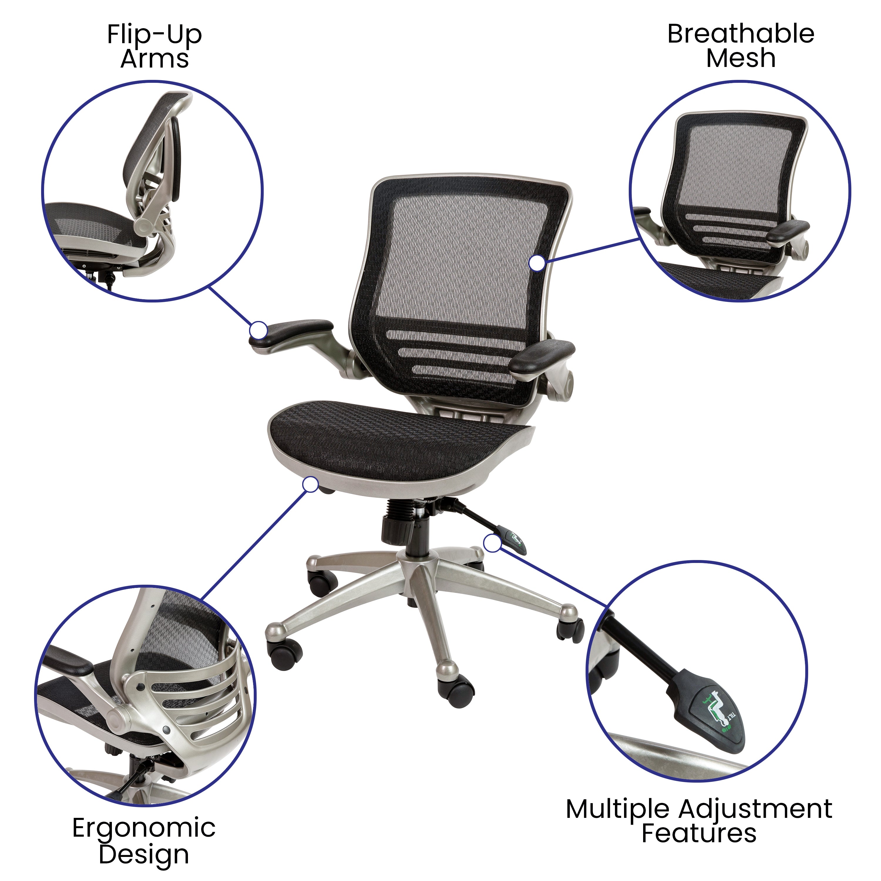 Flash Furniture Mid-Back Transparent Black Mesh Executive Swivel Office Chair with Graphite Silver Frame and Flip-Up Arms