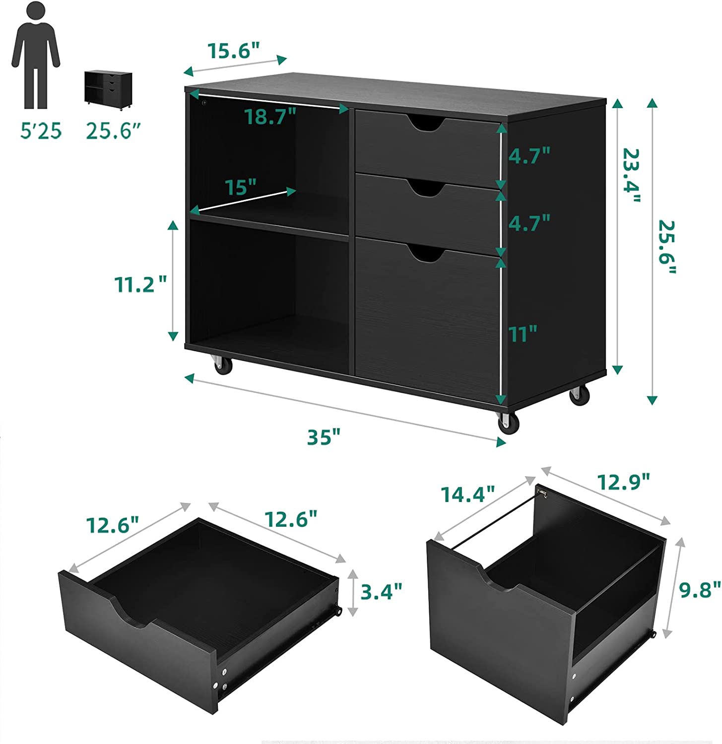 YITAHOME 3 Drawer Wood Lateral Filing Cabinet for A4, Letter Size Files, Printer Stand