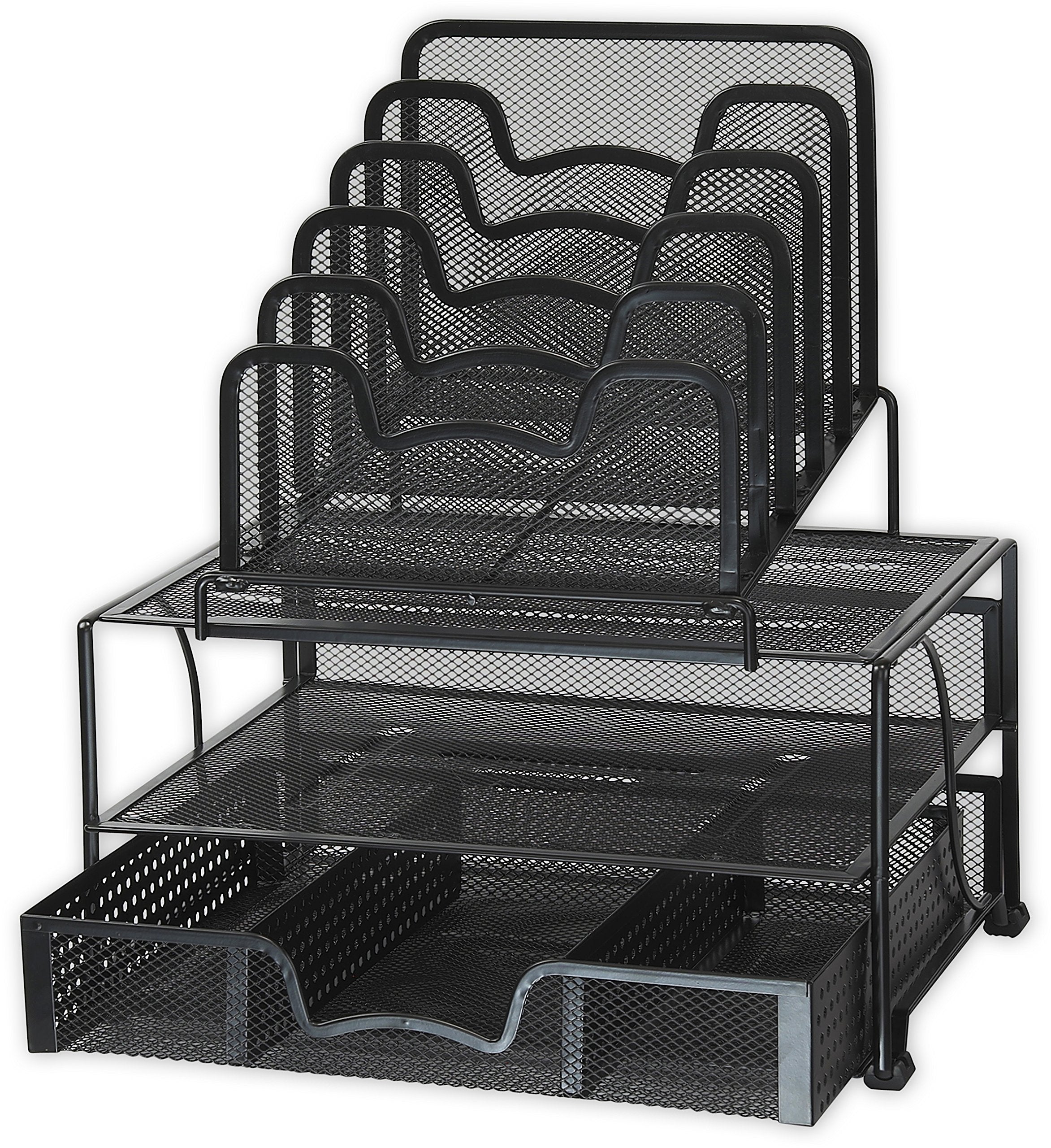 Simple Houseware Mesh Desk Organizer with Sliding Drawer, Double Tray and 5 Stacking Sorter Sections, Black