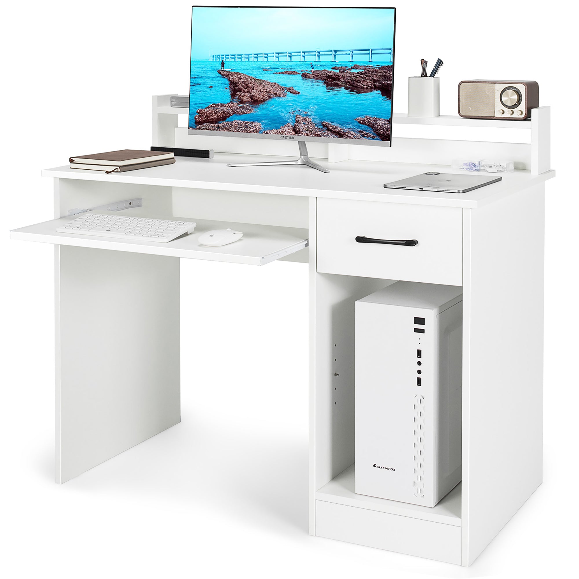 Costway 22" Wide Computer Desk Writing Study Laptop Table w/ Drawer & Keyboard Tray White