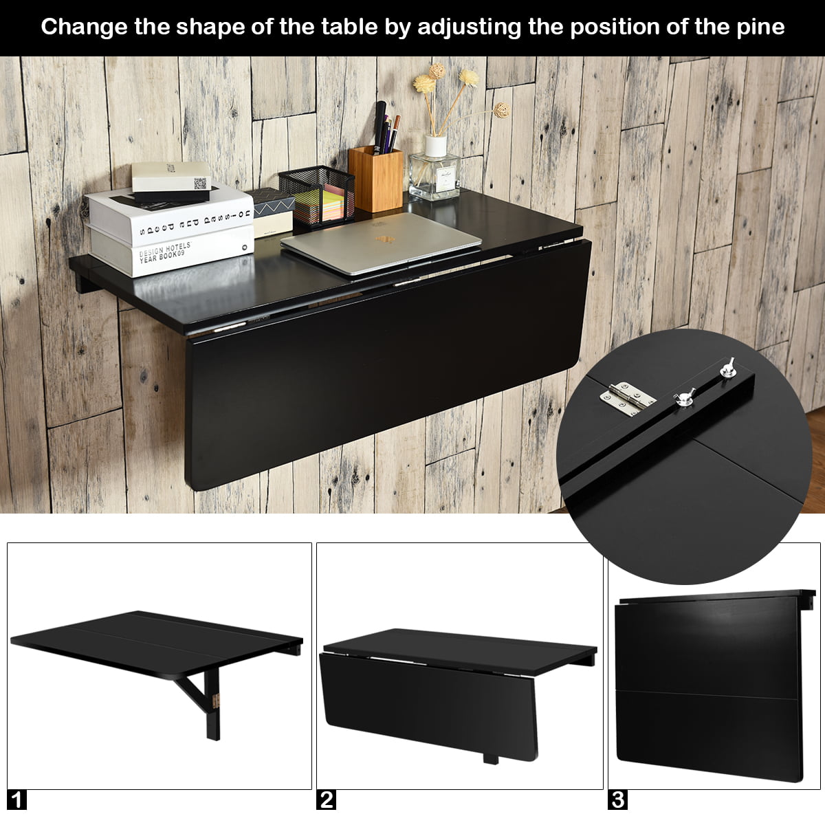 Gymax Black Wall-Mounted Drop-Leaf Table Floating Folding Desk