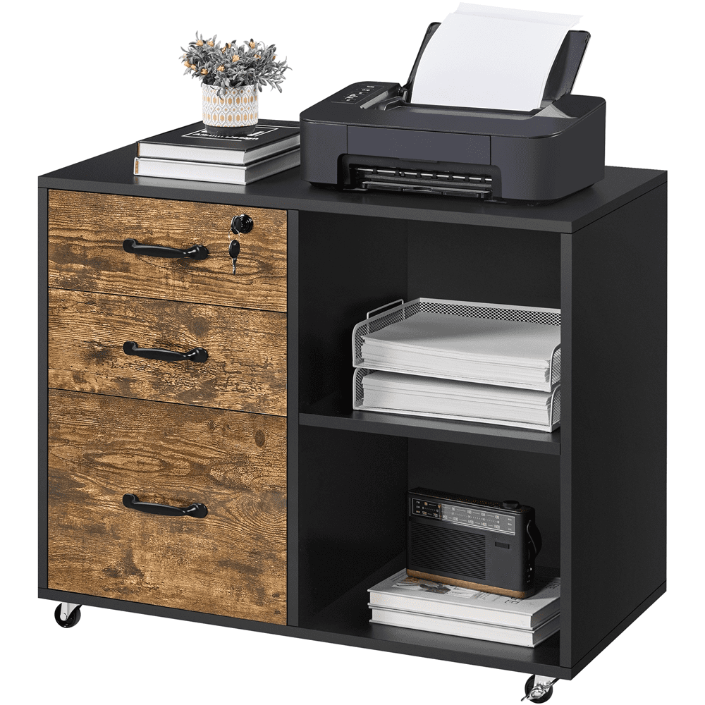 River Street Designs Rolling File Cabinet on with 3 Drawers and 2 Shelves, Black/Rustic Brown