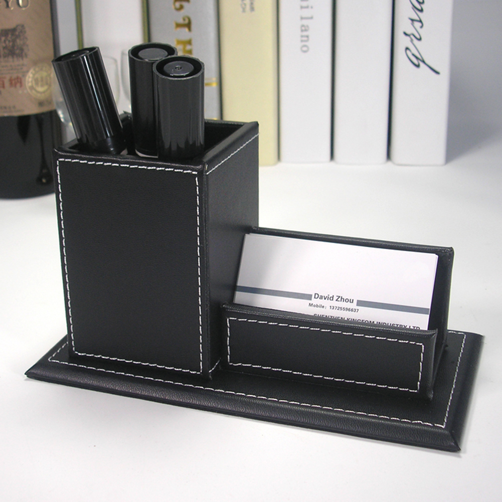 KINGFOM Business Card Holder, PU Leather Pen Holder Business Card Box Name Card Holder Office Organizer Desktop Organizer Black