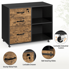 River Street Designs Rolling File Cabinet on with 3 Drawers and 2 Shelves, Black/Rustic Brown