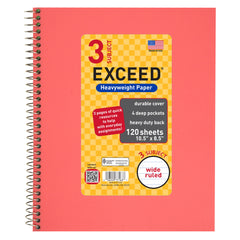 120 Count 3 Subject Pink Exceed Notebook, 10.5" x 8.5", Wide Ruled