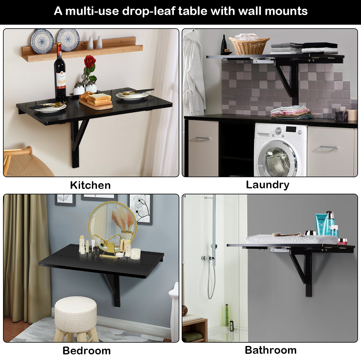 Gymax Black Wall-Mounted Drop-Leaf Table Floating Folding Desk