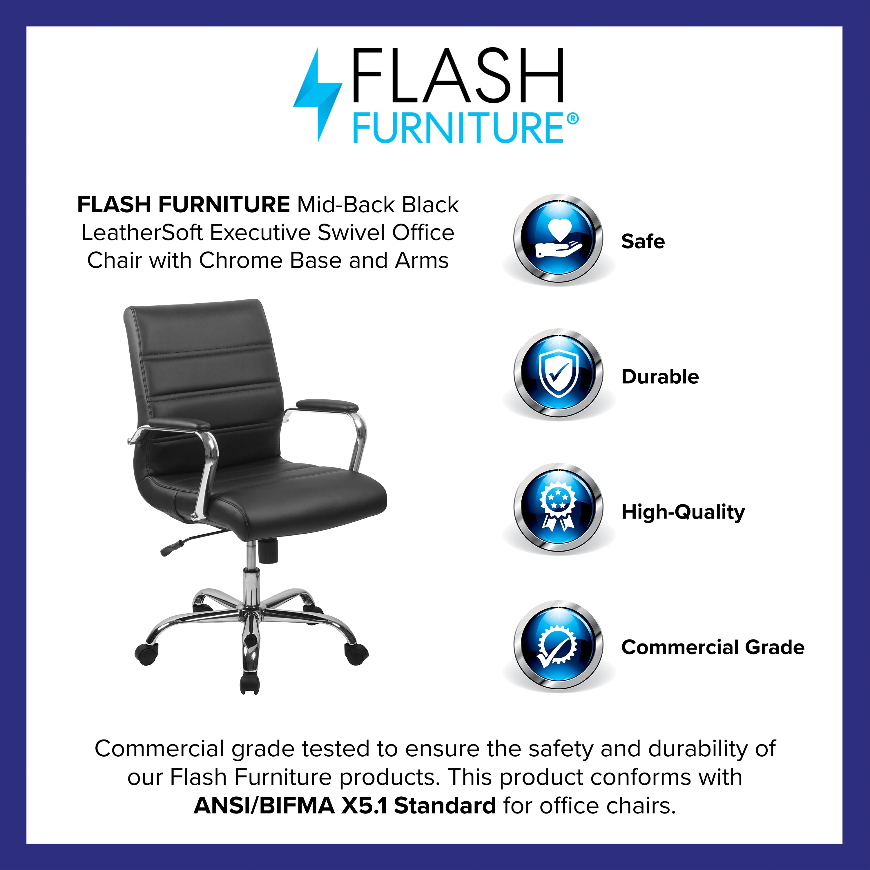 Flash Furniture Mid-Back Black LeatherSoft Executive Swivel Office Chair with Chrome Frame and Arms