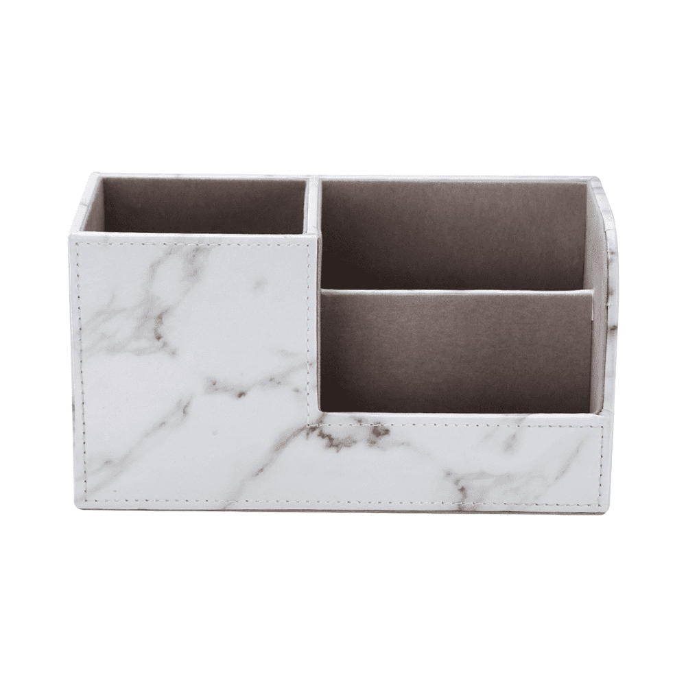 KINGFOM Pen Holder, PU Leather Desk Organizer Home School Office Stationery Storage Box , White Marble