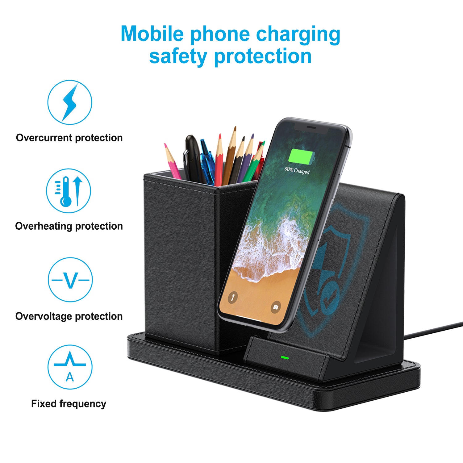 KINGFOM Wireless Charger with Desk Organizer, Pen Holder + Qi-Certified Wireless Charging Station for Apple iPhone 13/13 Pro Max/Samsung/Huawei/Xiaomi, Black