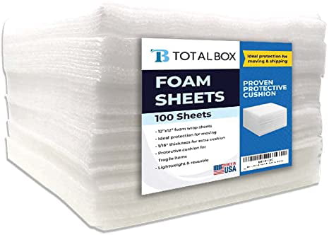 TotalBox 100 Pack Foam Sheet - 12" x 12" x 1/16" Foam Cushioning for Moving Shipping Packaging Storage