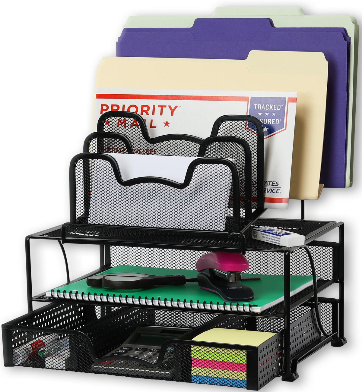 Simple Houseware Mesh Desk Organizer with Sliding Drawer, Double Tray and 5 Stacking Sorter Sections, Black