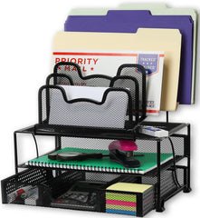 Simple Houseware Mesh Desk Organizer with Sliding Drawer, Double Tray and 5 Stacking Sorter Sections, Black