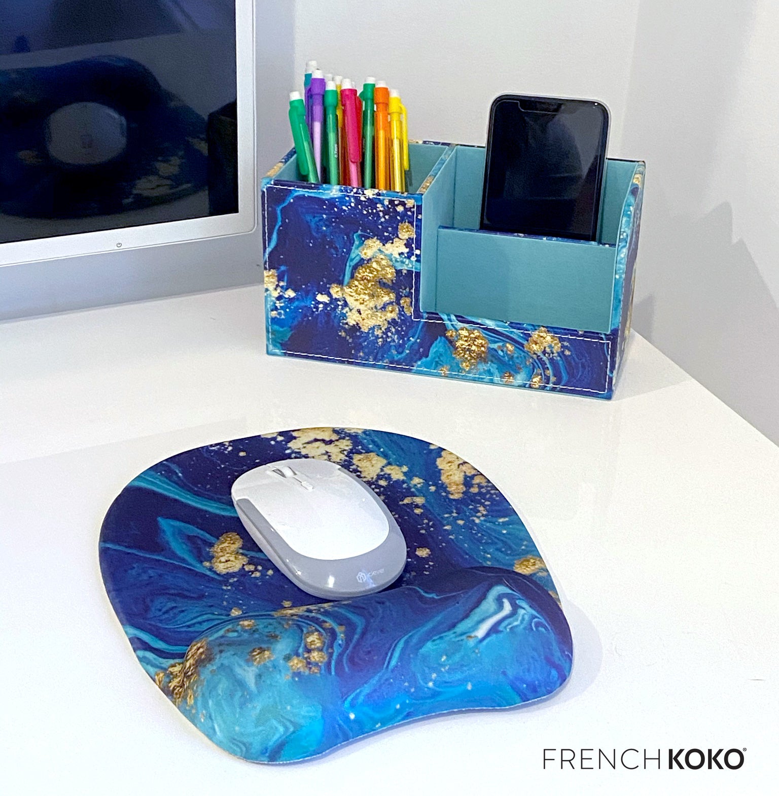 French KOKO PU Leather Desk Organizer Cute Pen Holder Office Pencil Holders Organizers Table Top Desktop Multifunction Accessories Women Kids Girls Children Work School Storage Supplies (marble blue)