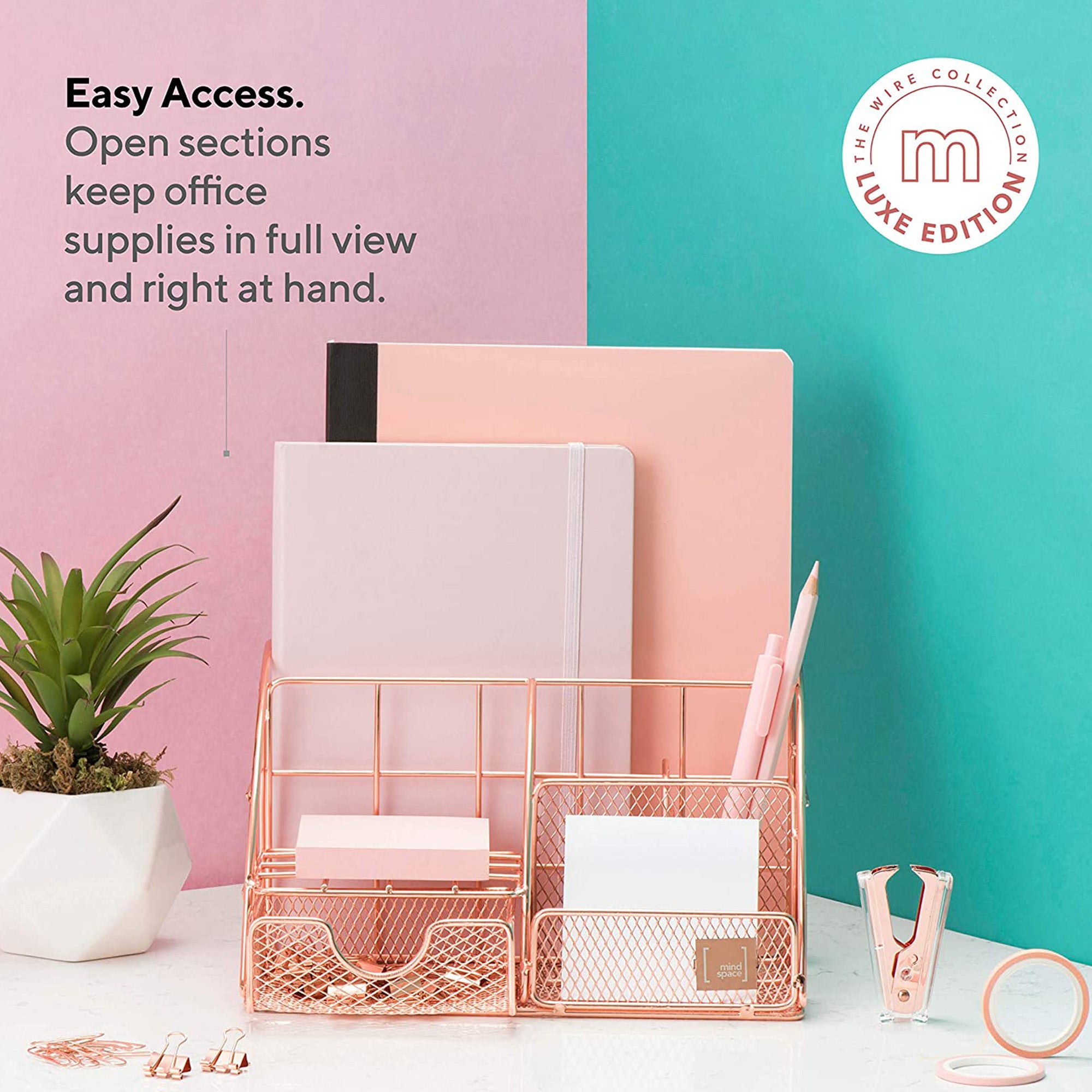 Mindspace Desk Organizers 5 Compartments with Drawer Desktop Organizer for Room and Office Supplies and Accessories Rose Gold