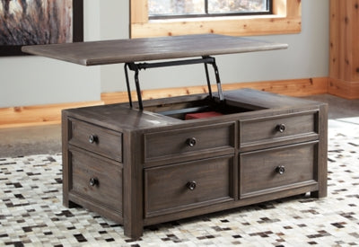 Signature Design by Ashley Wyndahl Rustic Rectangular Lift Top Coffee Table with 4 Storage Drawers, Dark Brown with Distressed Finish