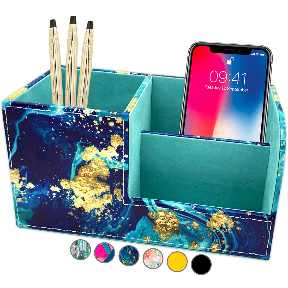 French KOKO PU Leather Desk Organizer Cute Pen Holder Office Pencil Holders Organizers Table Top Desktop Multifunction Accessories Women Kids Girls Children Work School Storage Supplies (marble blue)