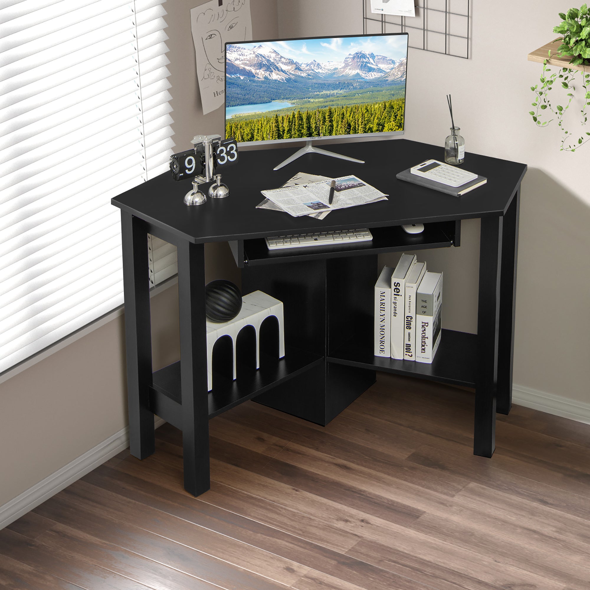 Costway Wooden Corner Desk With Drawer Computer PC Table Study Office Room Black