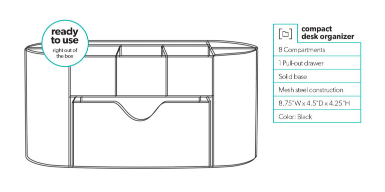 Office Supplies Desk Organizer by Mindspace, 8 Compartments + Drawer | The Mesh Collection, Silver